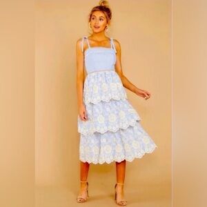 Just Me Stunning Blue/White Floral Embroidered Tiered Midi Dress Size Small